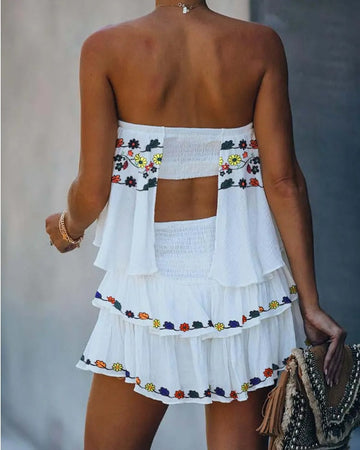 Yipinpay 2023 New Fashion Floral Print Romper Women White Bandeau Layered Ruffles Rompers